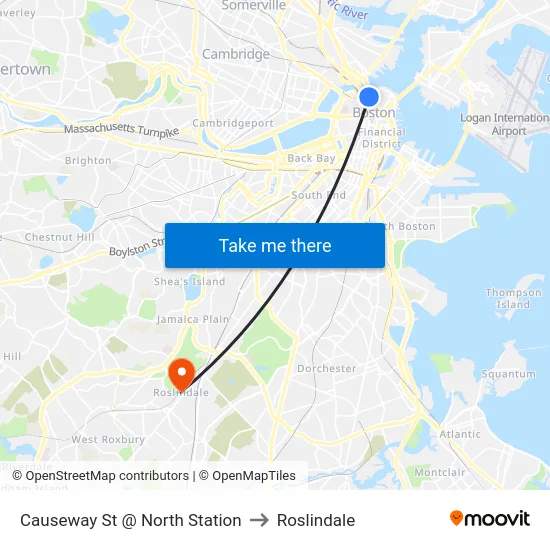 Causeway St @ North Station to Roslindale map