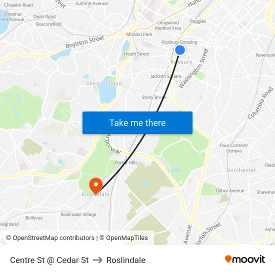 Centre St @ Cedar St to Roslindale map