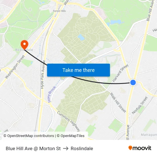 Blue Hill Ave @ Morton St to Roslindale map
