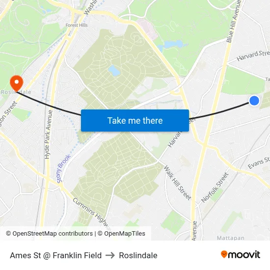 Ames St @ Franklin Field to Roslindale map