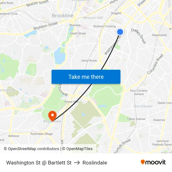 Washington St @ Bartlett St to Roslindale map