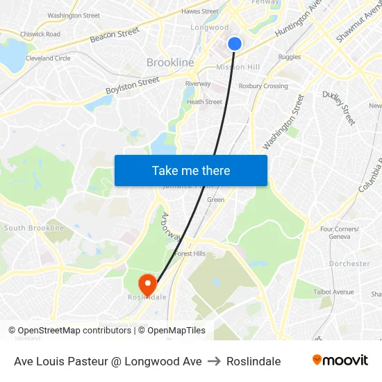 Ave Louis Pasteur @ Longwood Ave to Roslindale map