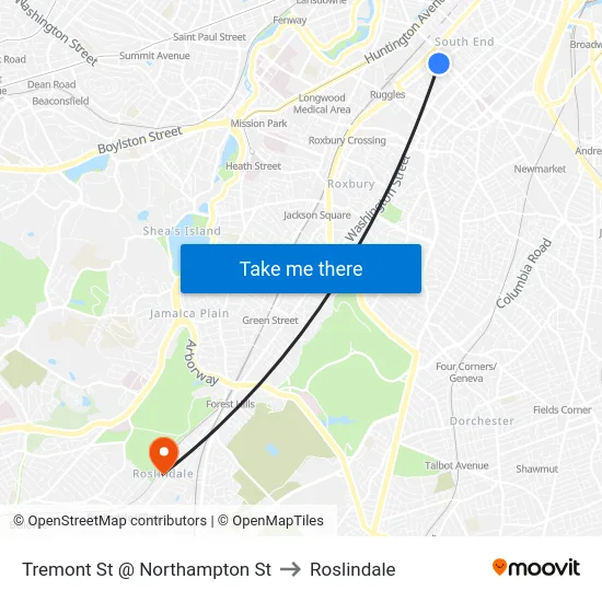 Tremont St @ Northampton St to Roslindale map