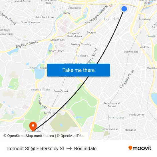 Tremont St @ E Berkeley St to Roslindale map