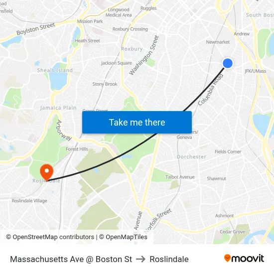 Massachusetts Ave @ Boston St to Roslindale map