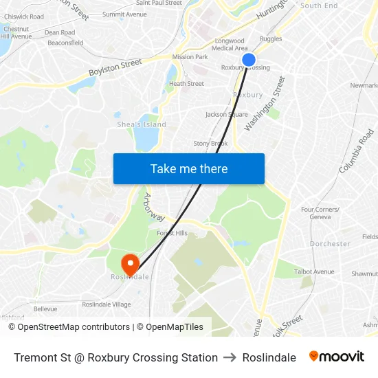 Tremont St @ Roxbury Crossing Station to Roslindale map