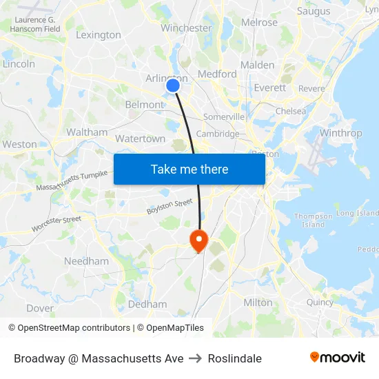 Broadway @ Massachusetts Ave to Roslindale map