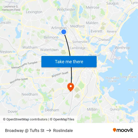 Broadway @ Tufts St to Roslindale map