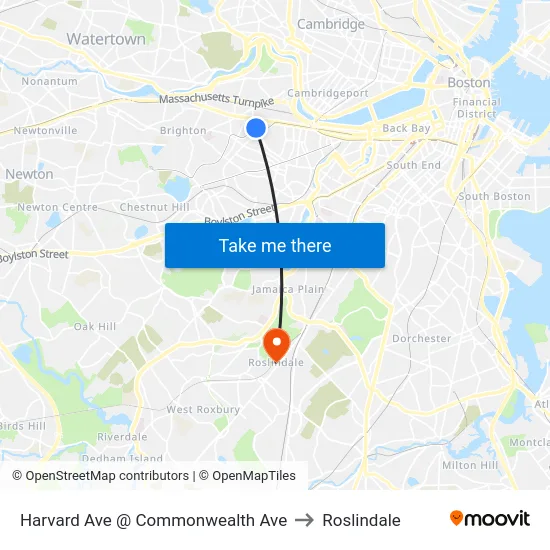 Harvard Ave @ Commonwealth Ave to Roslindale map