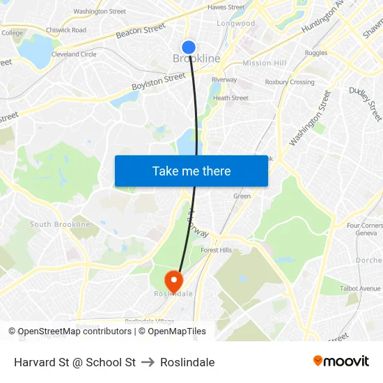 Harvard St @ School St to Roslindale map