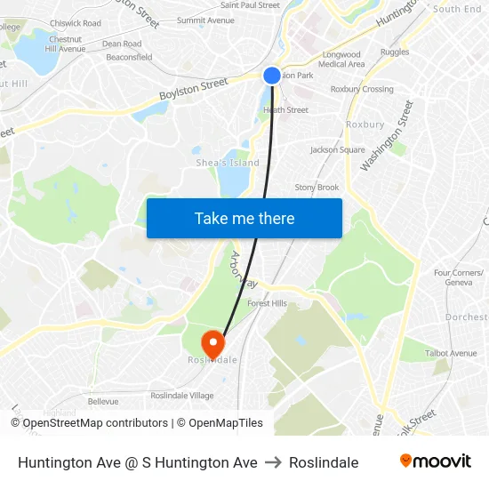 Huntington Ave @ S Huntington Ave to Roslindale map