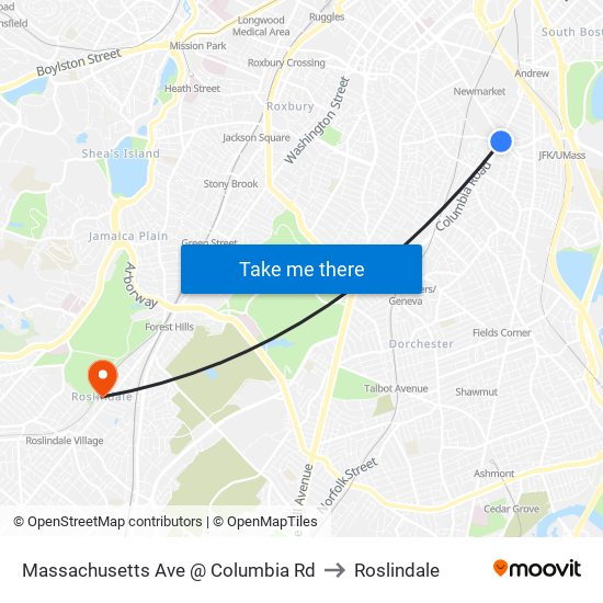 Massachusetts Ave @ Columbia Rd to Roslindale map