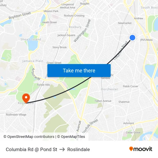 Columbia Rd @ Pond St to Roslindale map