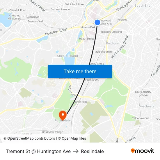 Tremont St @ Huntington Ave to Roslindale map