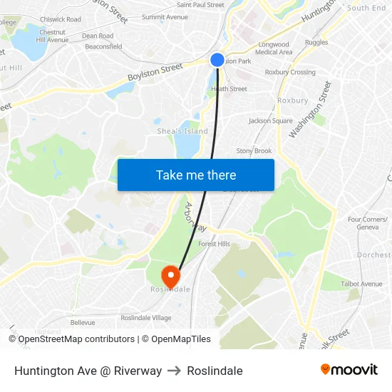 Huntington Ave @ Riverway to Roslindale map