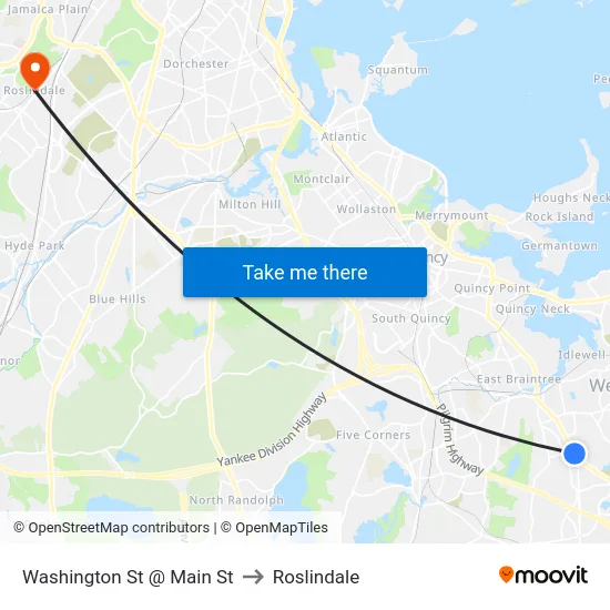 Washington St @ Main St to Roslindale map
