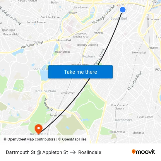 Dartmouth St @ Appleton St to Roslindale map