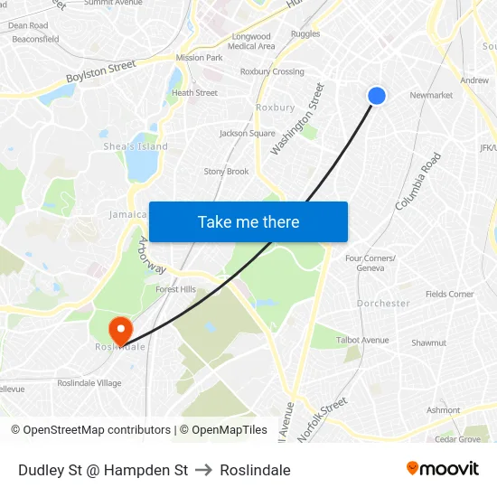 Dudley St @ Hampden St to Roslindale map