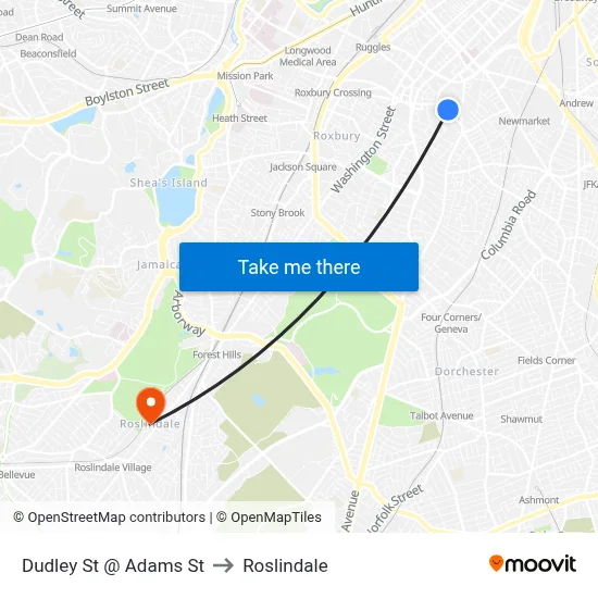 Dudley St @ Adams St to Roslindale map