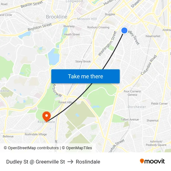 Dudley St @ Greenville St to Roslindale map