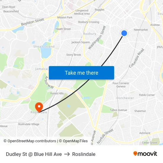 Dudley St @ Blue Hill Ave to Roslindale map