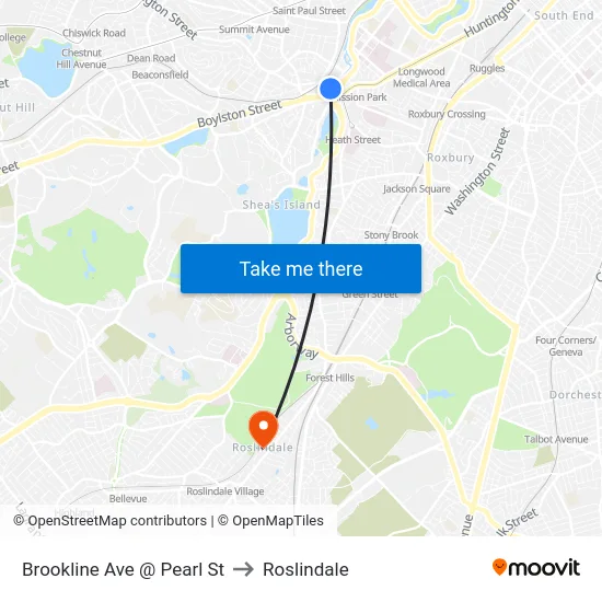 Brookline Ave @ Pearl St to Roslindale map