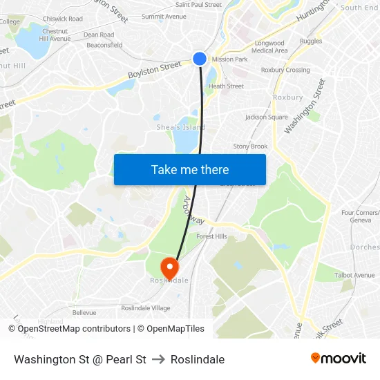 Washington St @ Pearl St to Roslindale map
