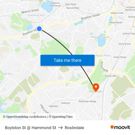Boylston St @ Hammond St to Roslindale map