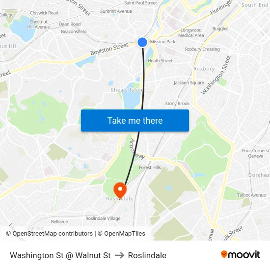 Washington St @ Walnut St to Roslindale map