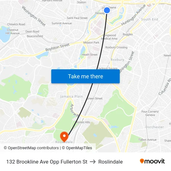 132 Brookline Ave Opp Fullerton St to Roslindale map