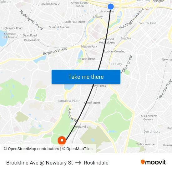 Brookline Ave @ Newbury St to Roslindale map