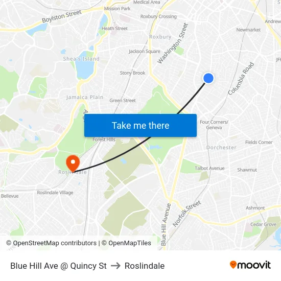 Blue Hill Ave @ Quincy St to Roslindale map