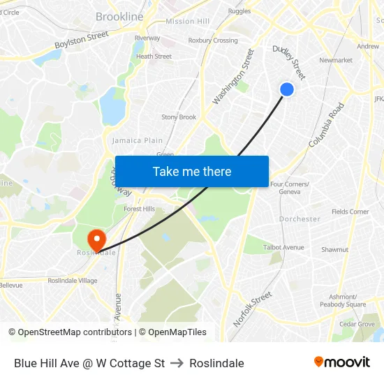 Blue Hill Ave @ W Cottage St to Roslindale map