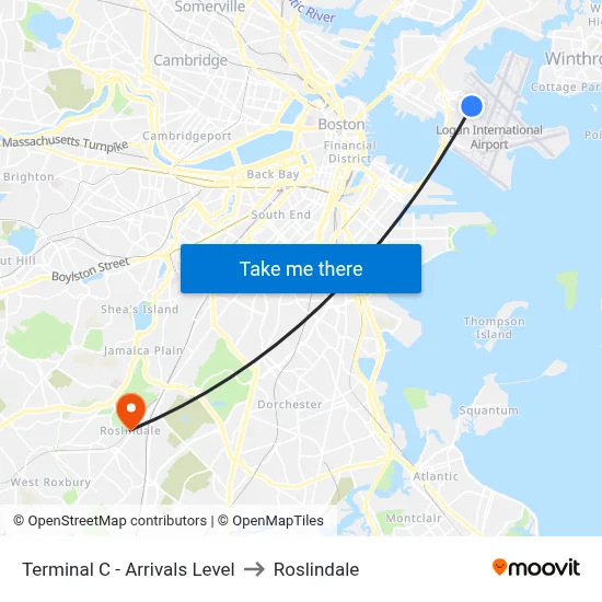 Terminal C - Arrivals Level to Roslindale map