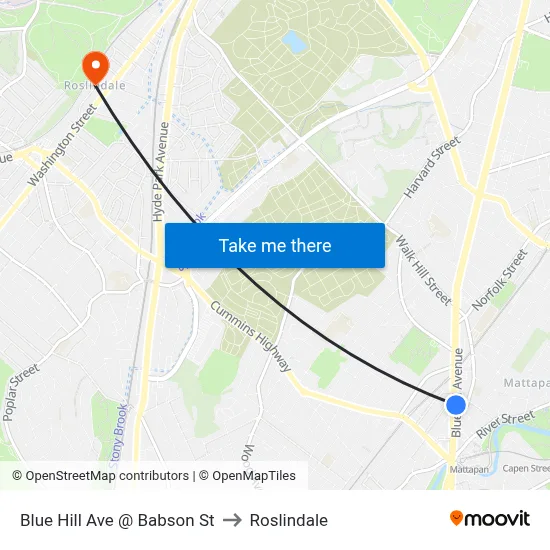Blue Hill Ave @ Babson St to Roslindale map