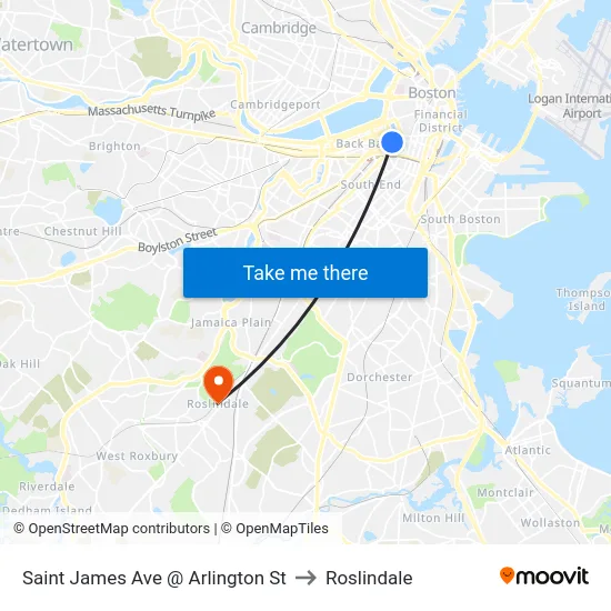 Saint James Ave @ Arlington St to Roslindale map