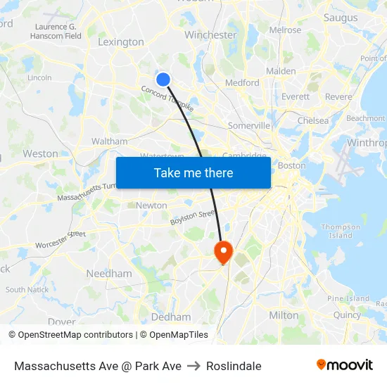Massachusetts Ave @ Park Ave to Roslindale map