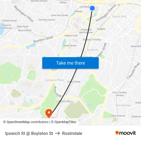 Ipswich St @ Boylston St to Roslindale map