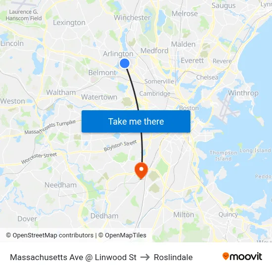 Massachusetts Ave @ Linwood St to Roslindale map