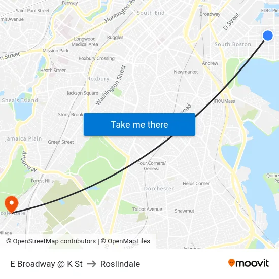 E Broadway @ K St to Roslindale map