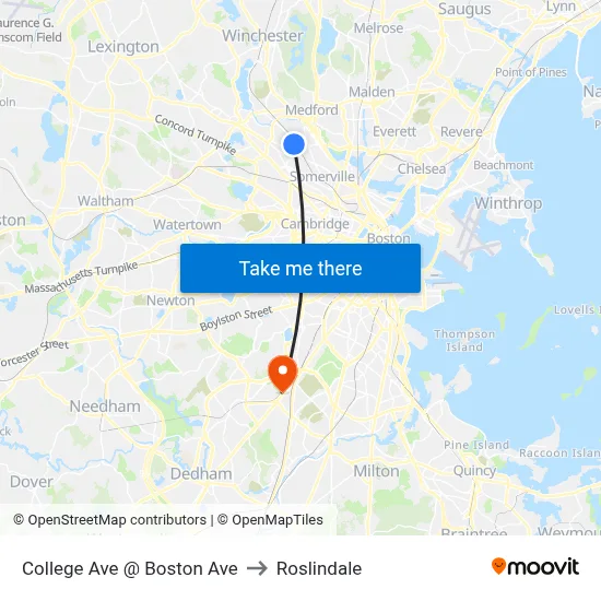 College Ave @ Boston Ave to Roslindale map