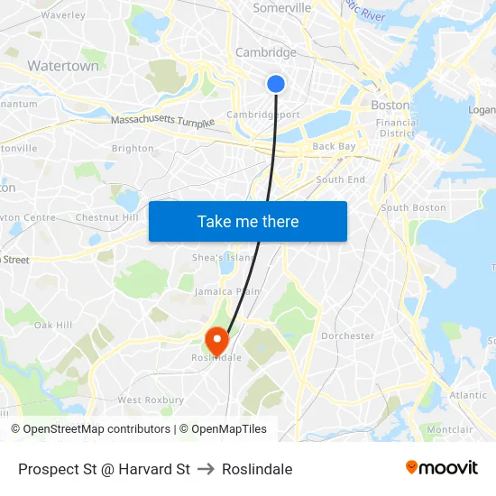 Prospect St @ Harvard St to Roslindale map