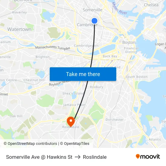 Somerville Ave @ Hawkins St to Roslindale map