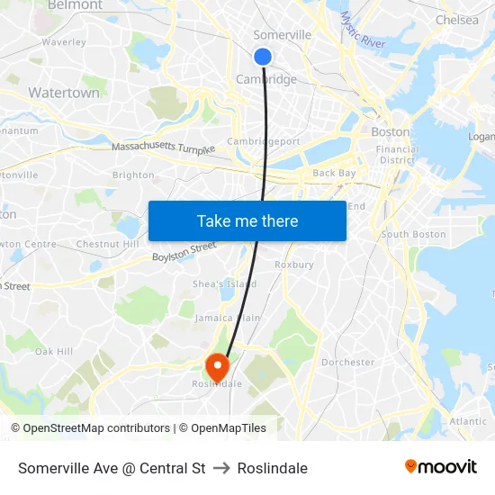 Somerville Ave @ Central St to Roslindale map