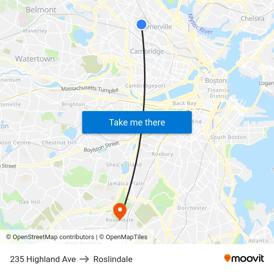 235 Highland Ave to Roslindale map
