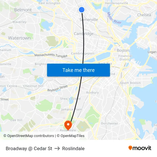 Broadway @ Cedar St to Roslindale map