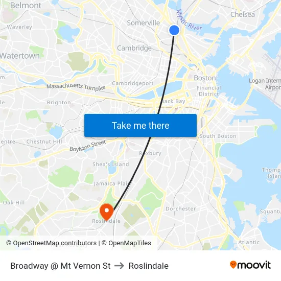 Broadway @ Mt Vernon St to Roslindale map