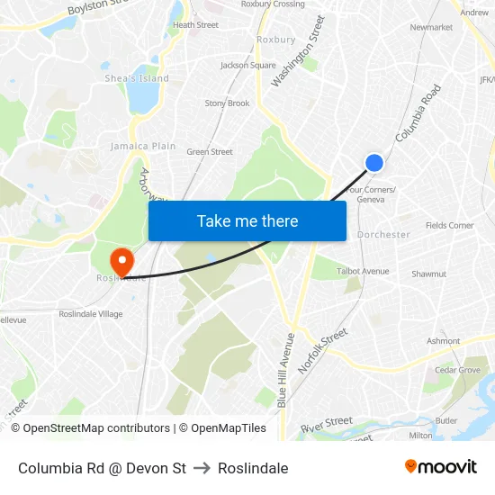 Columbia Rd @ Devon St to Roslindale map