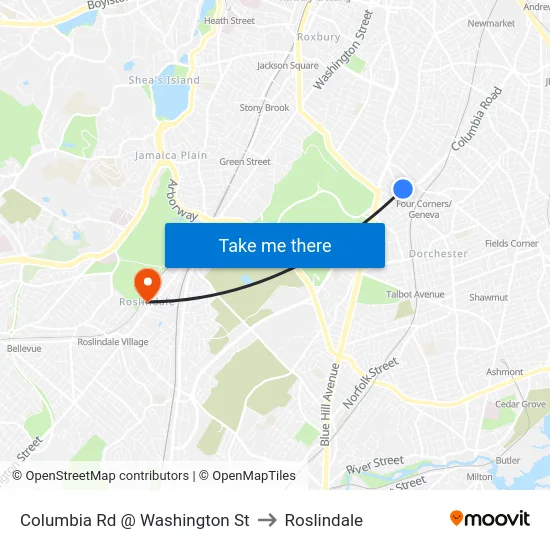 Columbia Rd @ Washington St to Roslindale map