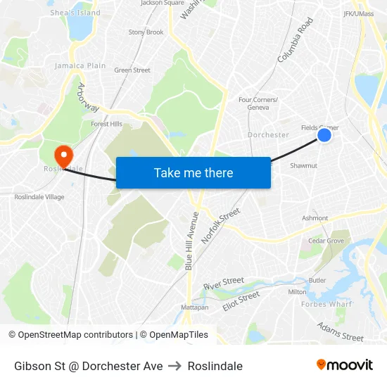 Gibson St @ Dorchester Ave to Roslindale map